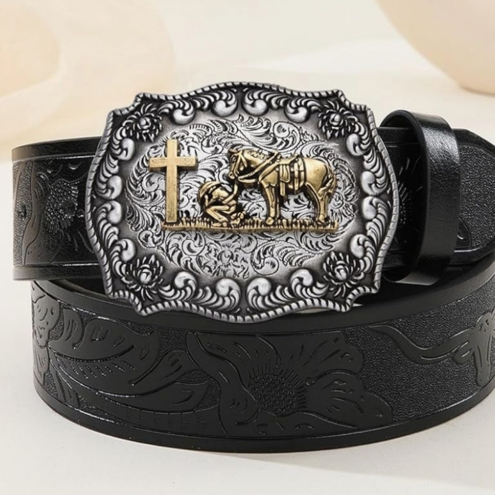 New Faith Horse and cowboy praying at cross Belt buckle Gold version available